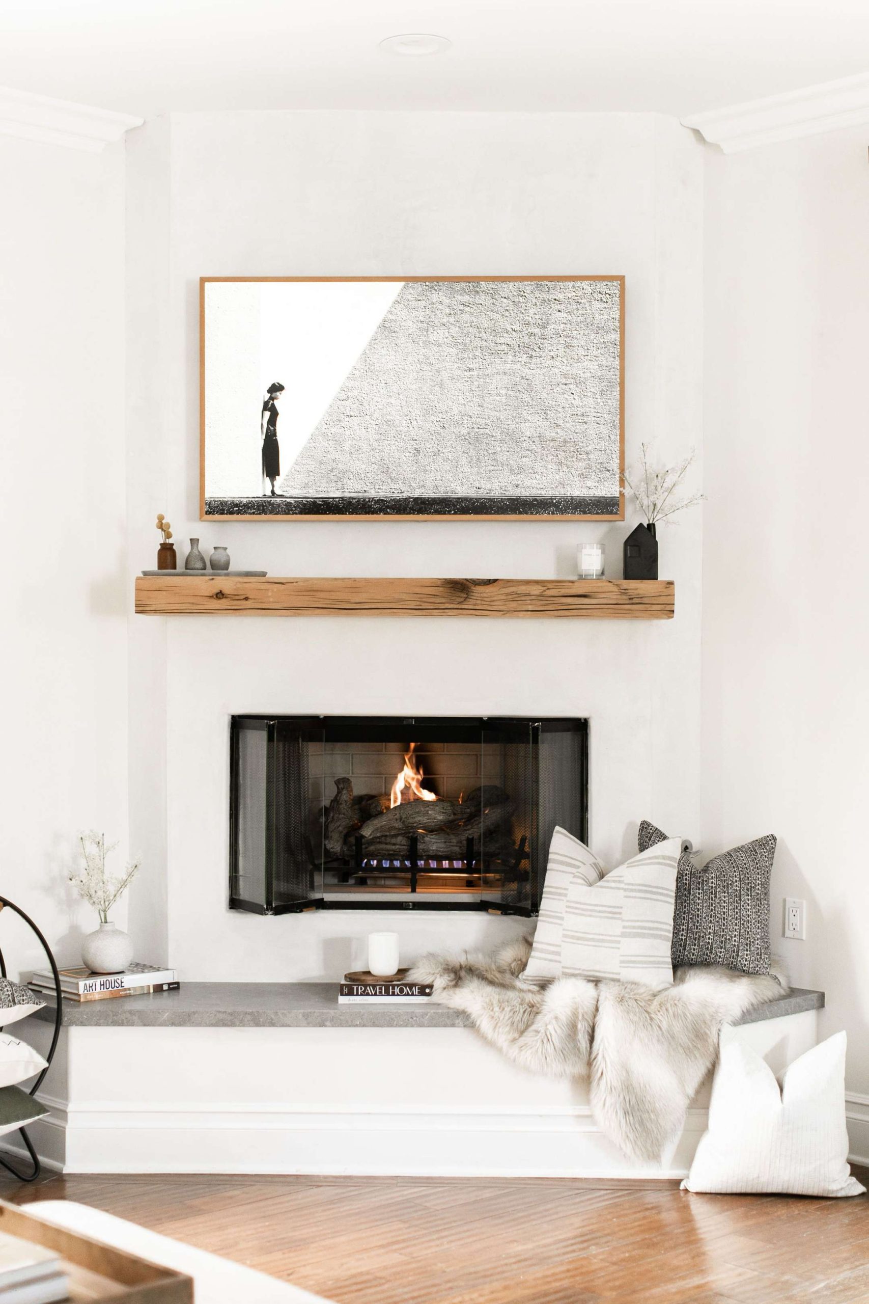 Cozy Plaster Fireplace with Floating Reclaimed Wood Mantel  Home