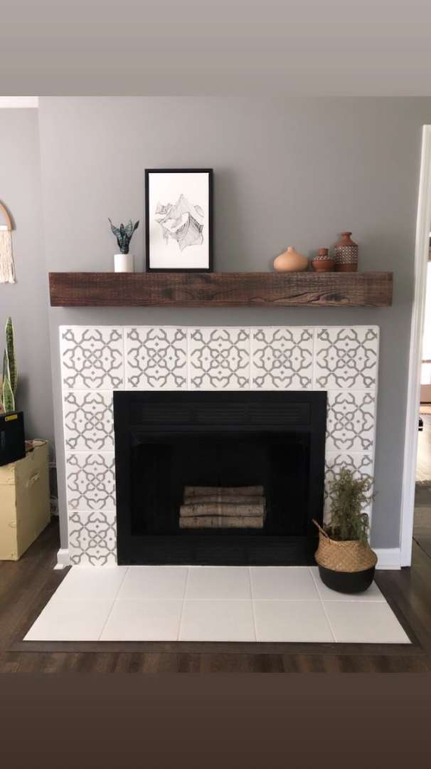 DIY Stencil hand painted tile fireplace  Fireplace tile