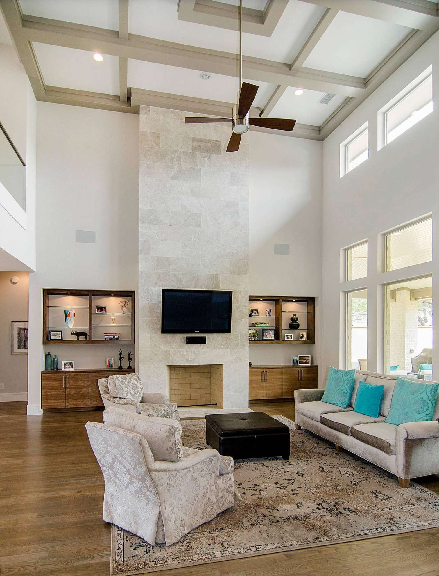 Floor to ceiling fireplace wall  Tall ceiling living room, High