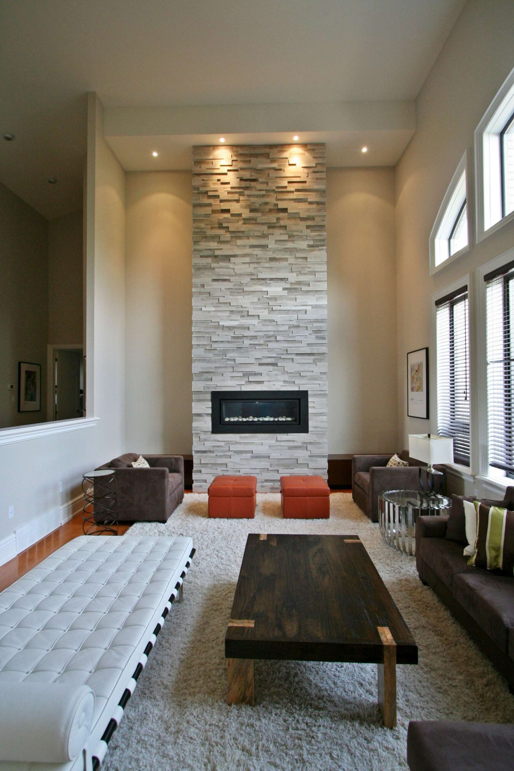 High ceiling fireplace with ErthCOVERINGS Silver Fox Strips by