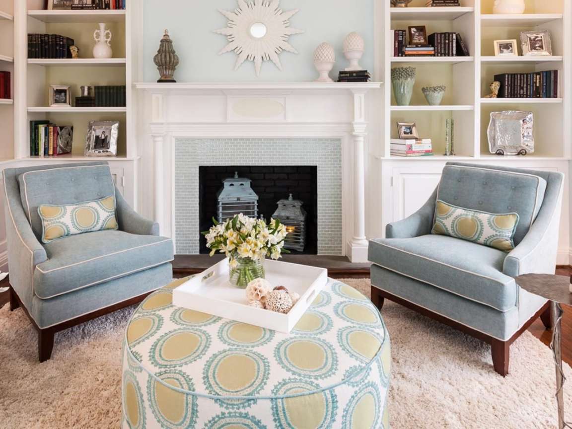 Living Room Sitting Area and Fireplace  Fireplace seating, Blue