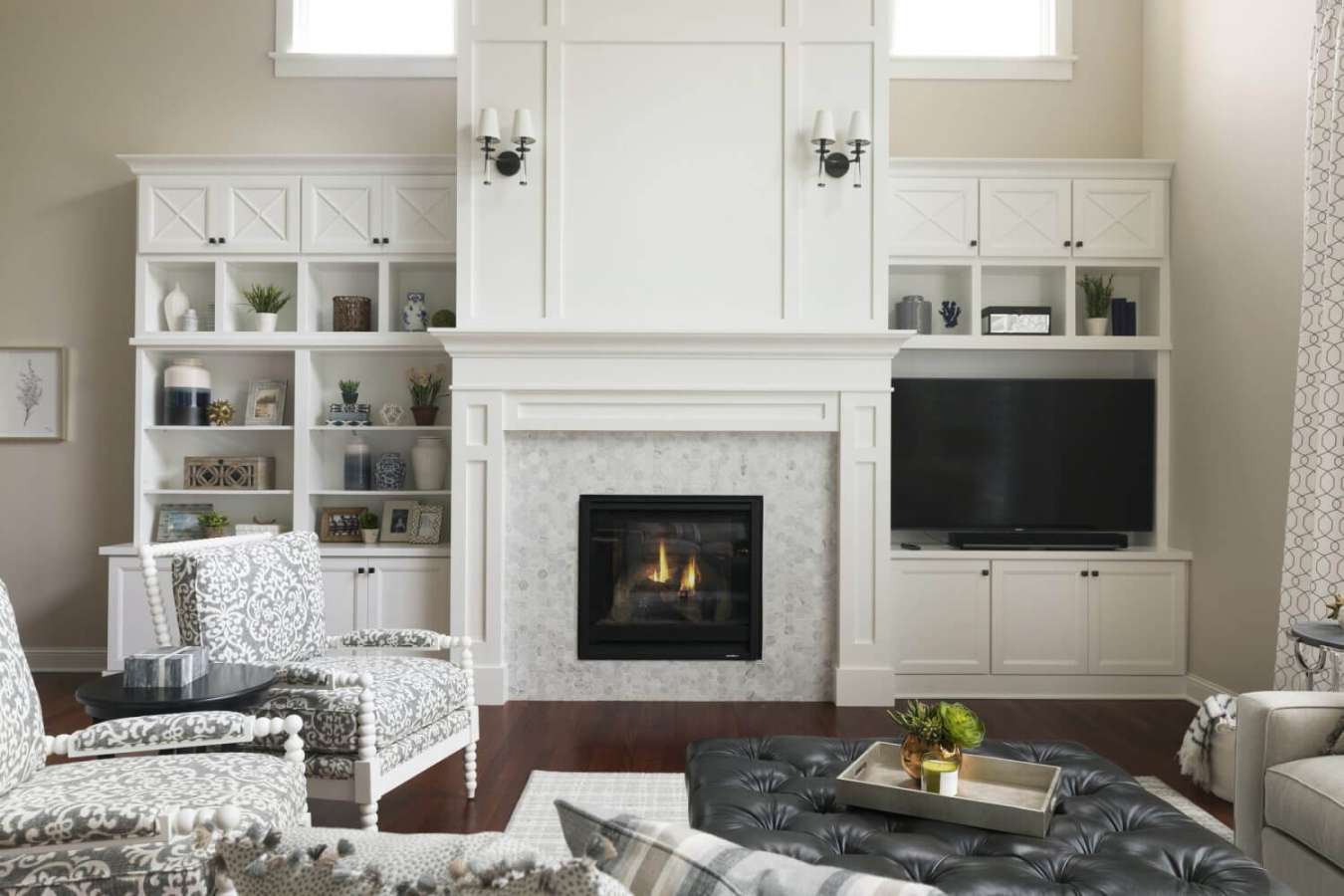 Two Story Living Room with Fireplace Design in Minnesota