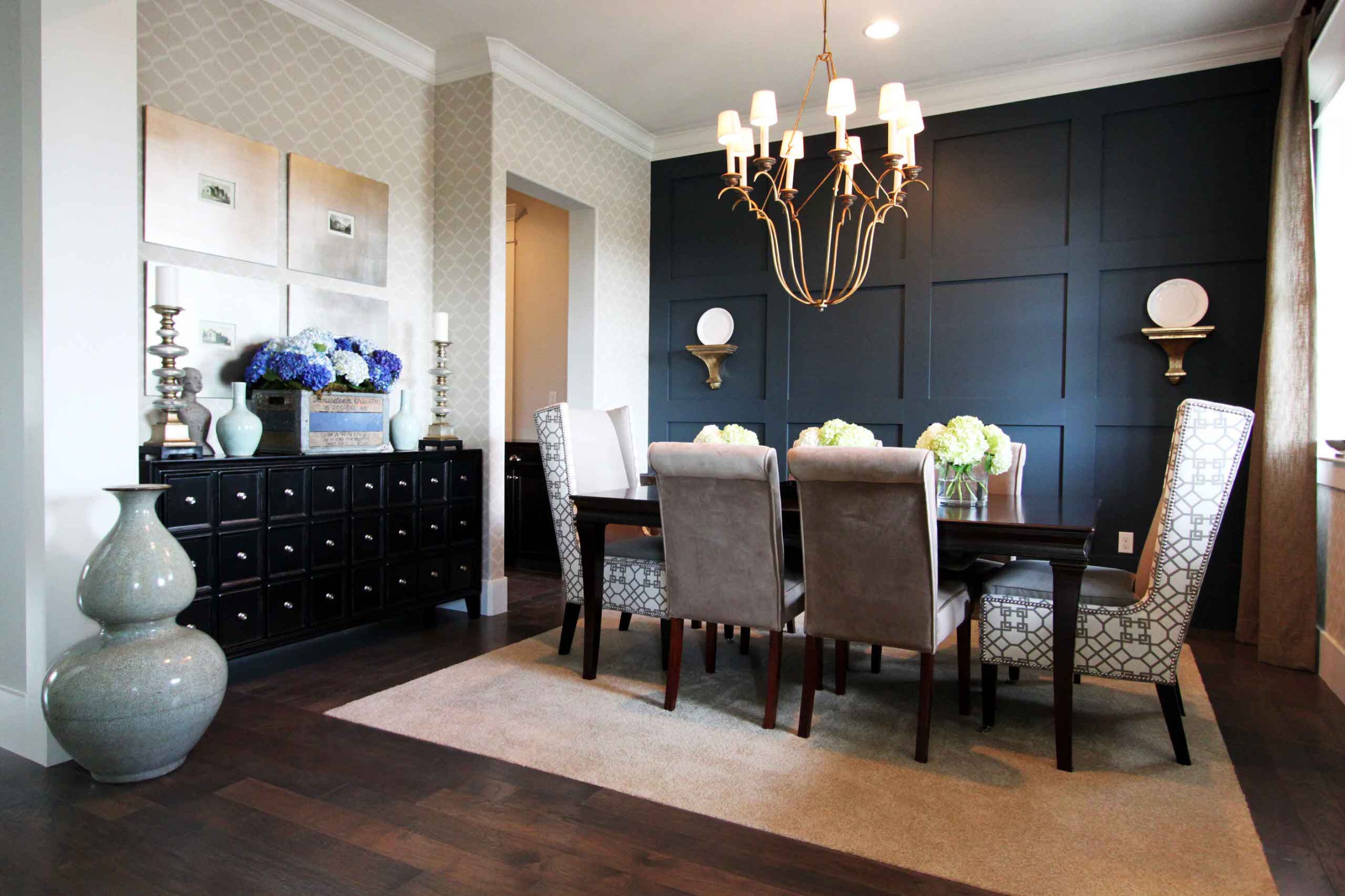 Beautiful Dining Room with Dark Hardwood Flooring Ideas and