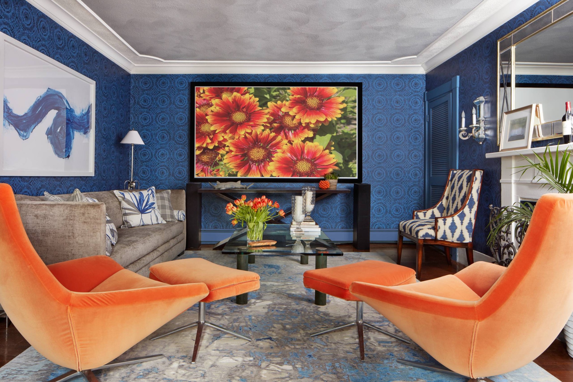 Beautiful Orange Living Room with Blue Walls Ideas and Designs