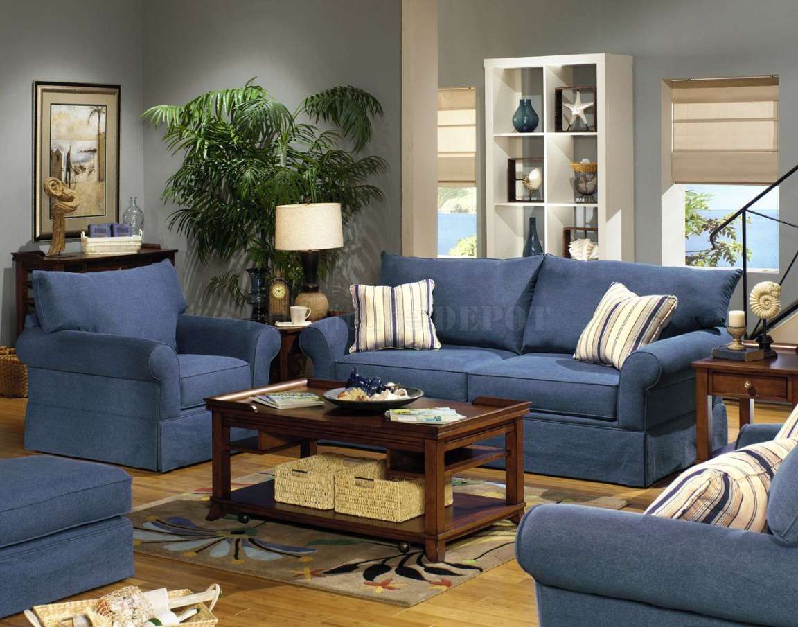 Blue Denim Fabric Modern Sofa & Loveseat Set w/Options  Blue sofa