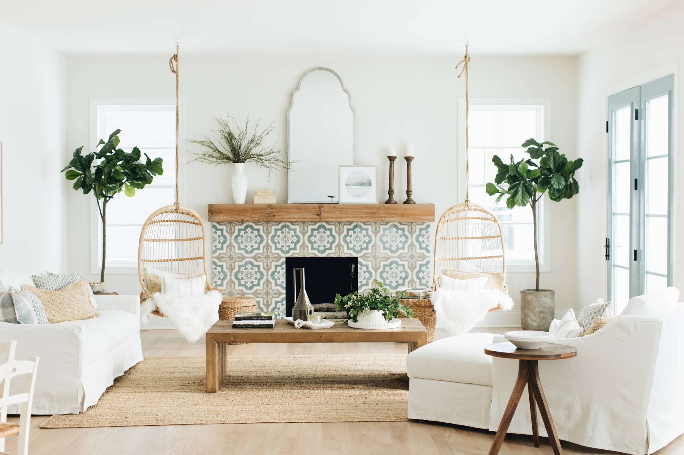 Coastal Living Room with a Tile Fireplace Ideas You