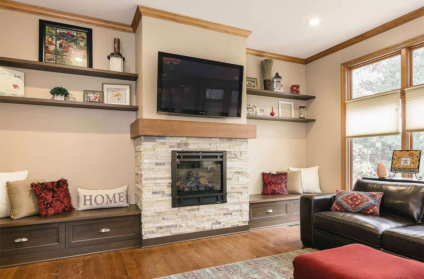 Family Room Remodel Gets New Stone Fireplace and Built-in Benches