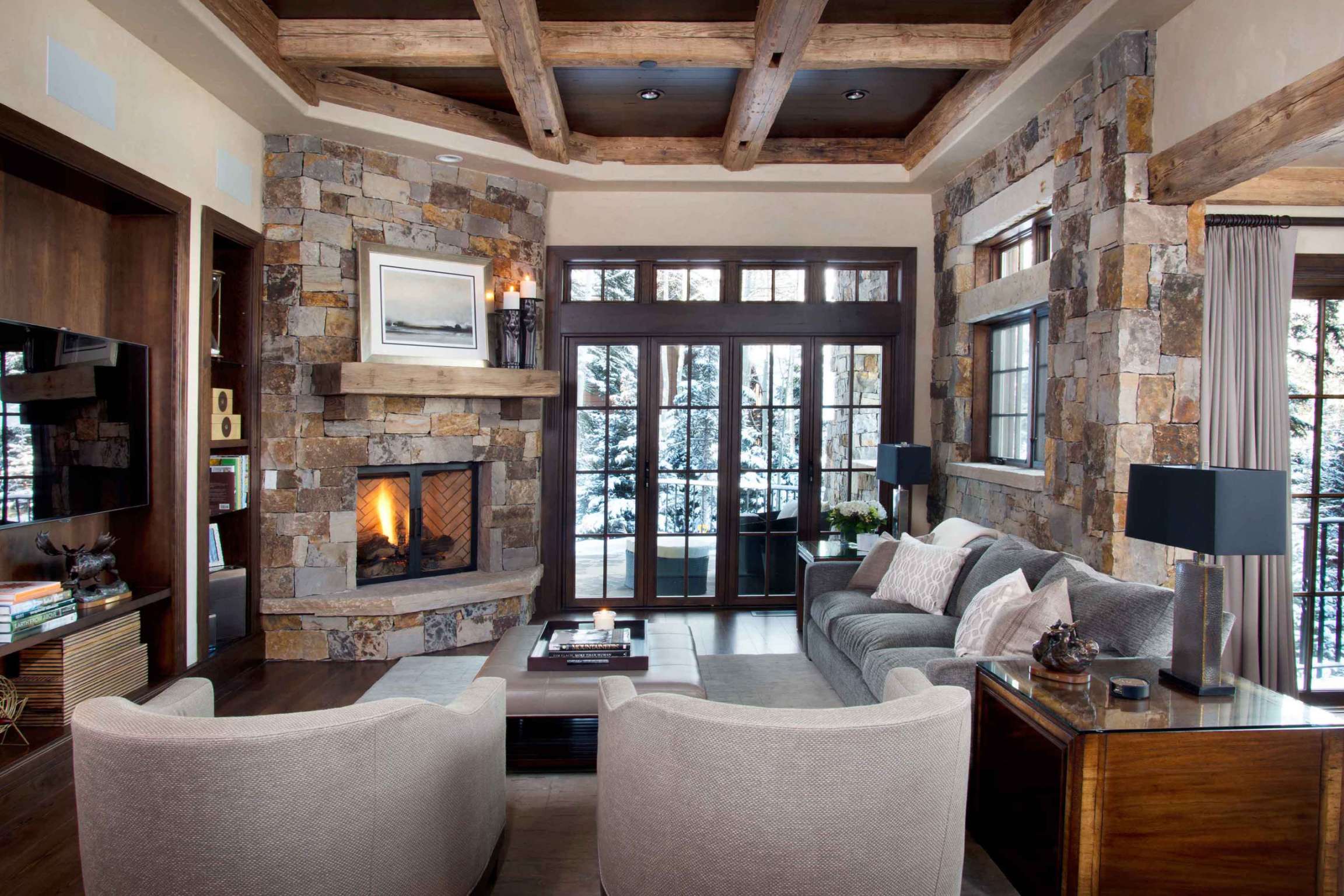 Family Room with a Corner Fireplace and a Stone Fireplace Ideas