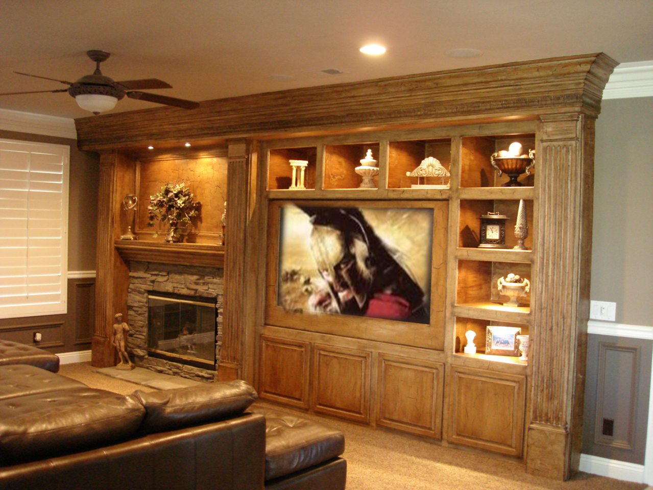 Fireplace and tv offset in built in entertainment center