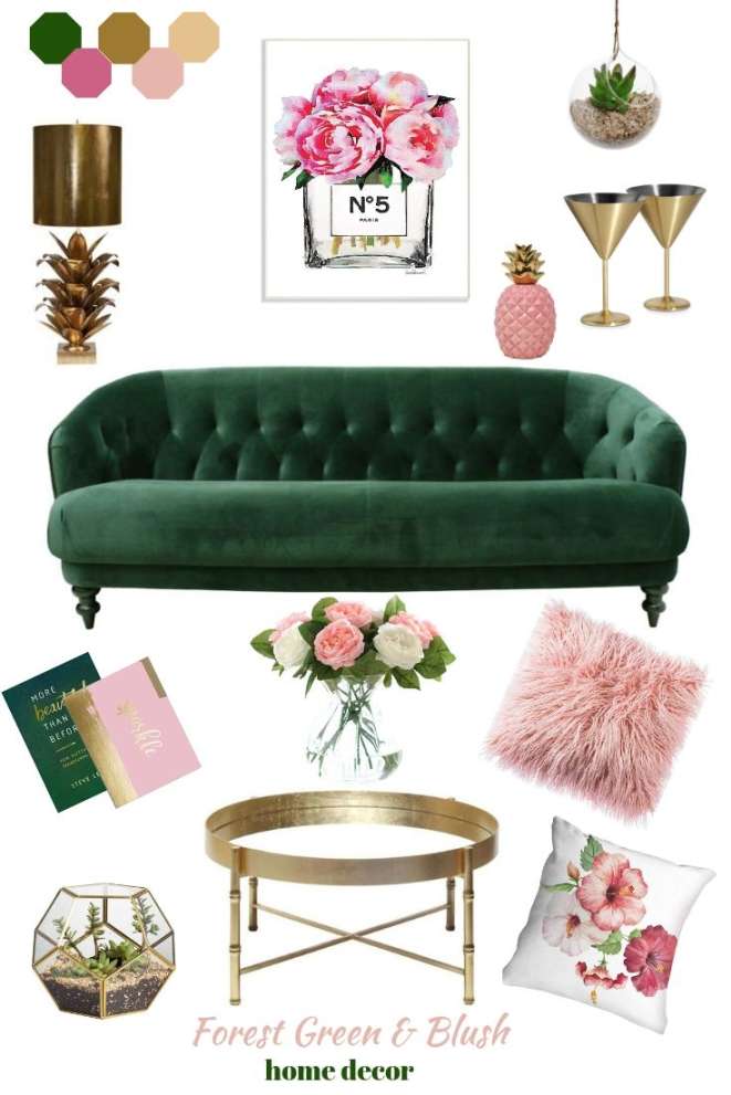 Forest green and blush pink living room decor idea  Green living