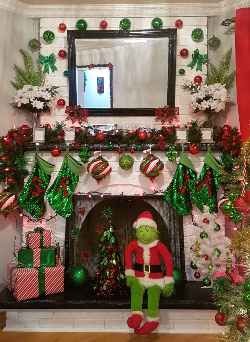 Grinch green and red themed christmas mantel decor  Grinch