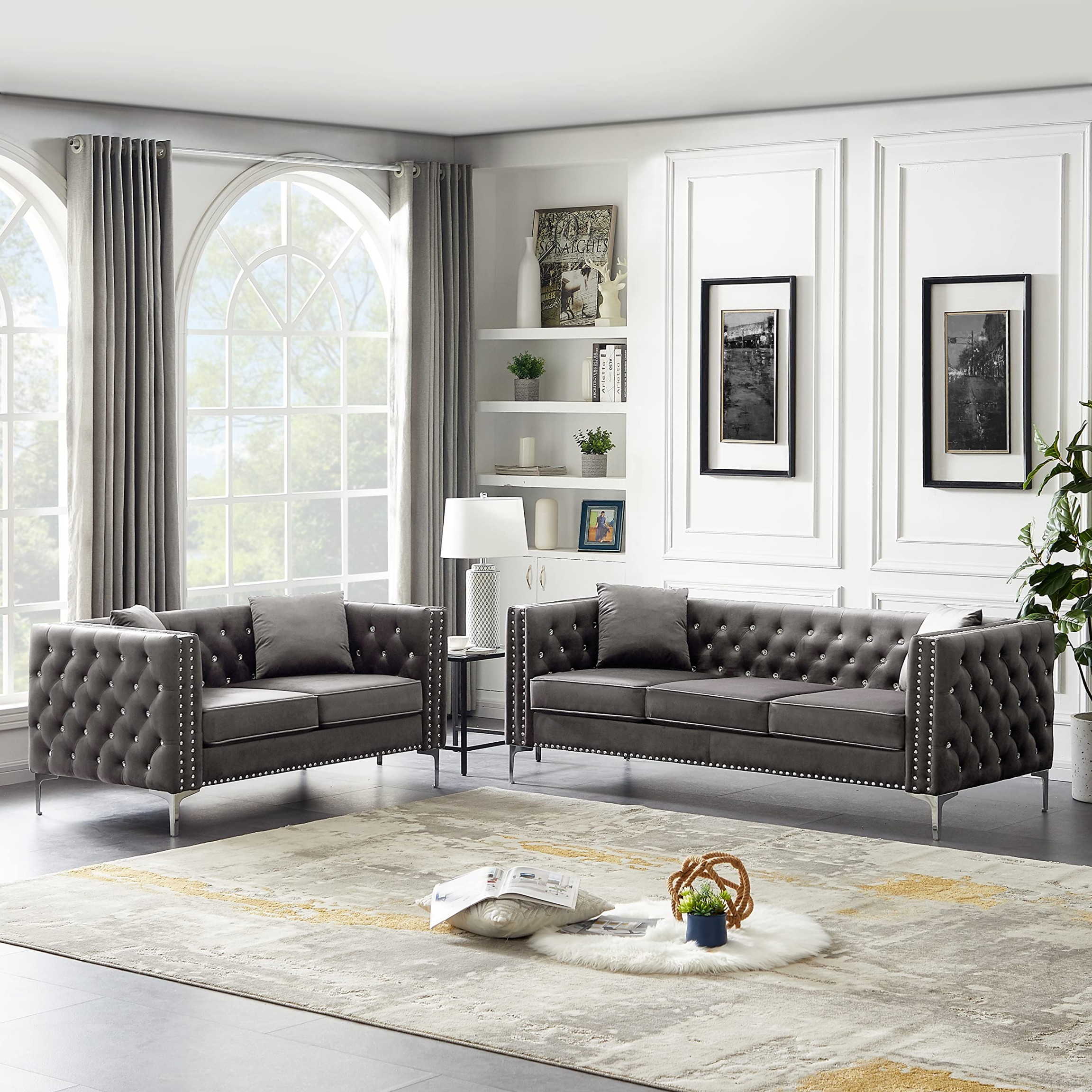 Harper & Bright Designs -Piece Grey Velvet Upholstered Living Room  Furniture Set, Including -Seater Sofa and Loveseat with Jeweled Buttons,  Square