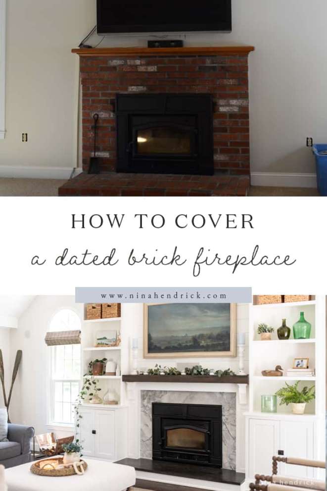 How To Cover a Brick Fireplace with Wood & Stone  Nina Hendrick Home