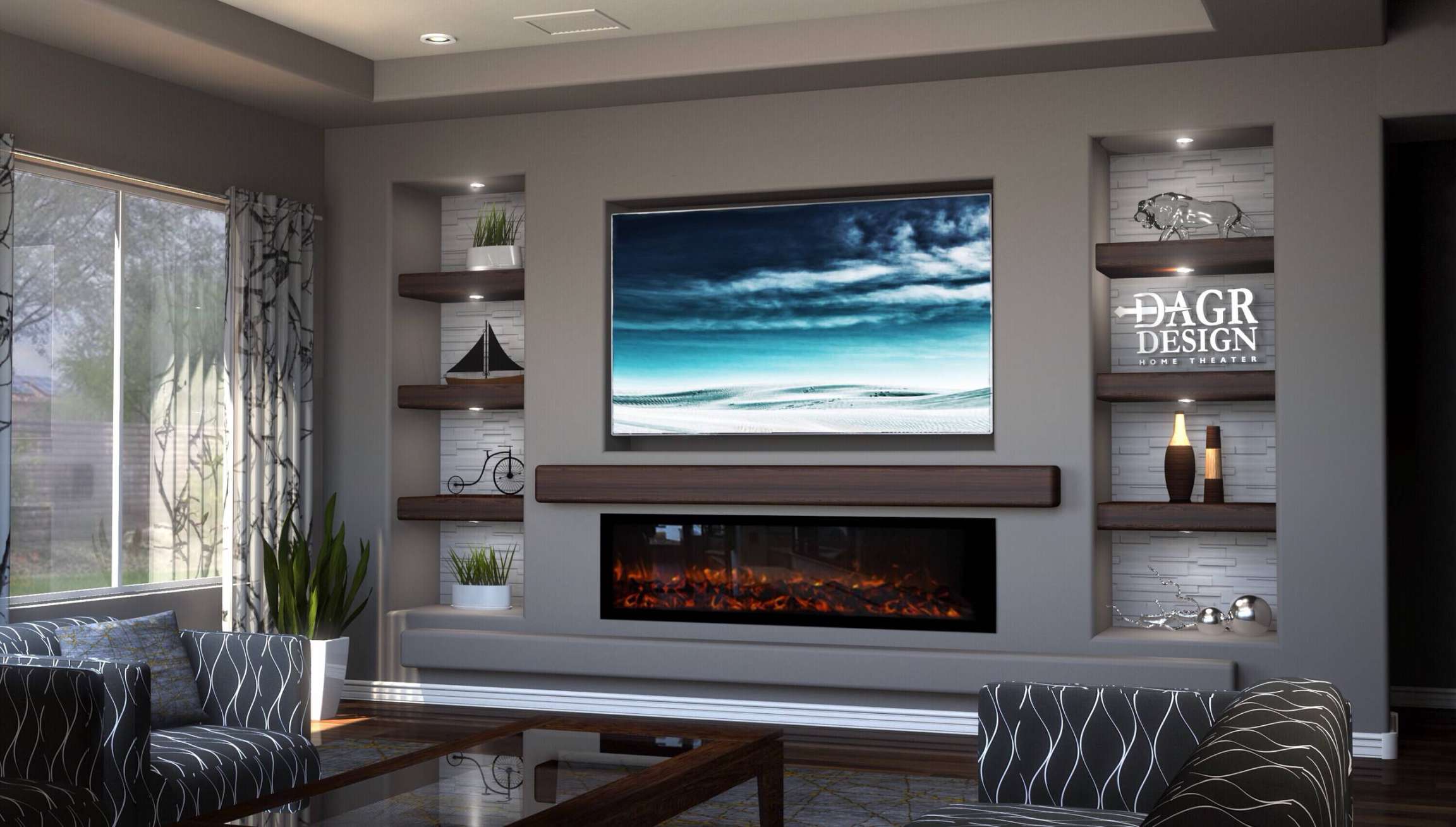 Living Room with a Plaster Fireplace and a Media Wall Ideas You
