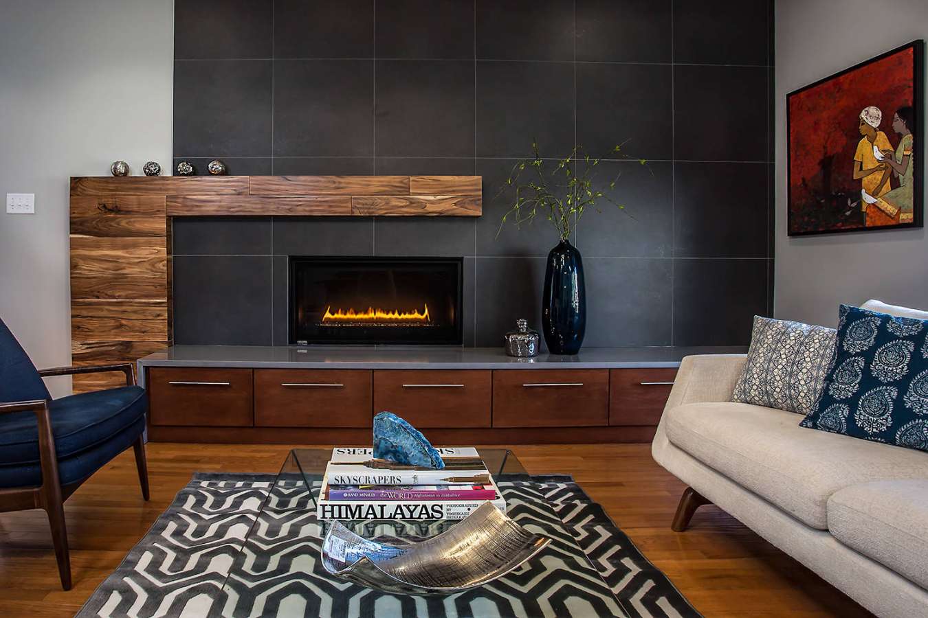 Mid-Century Modern Family Room with a Standard Fireplace Ideas