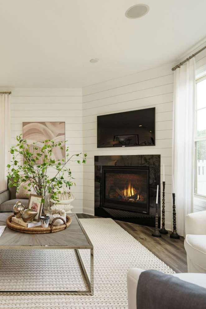 Modern Farmhouse Fireplace  Corner fireplace living room, Living