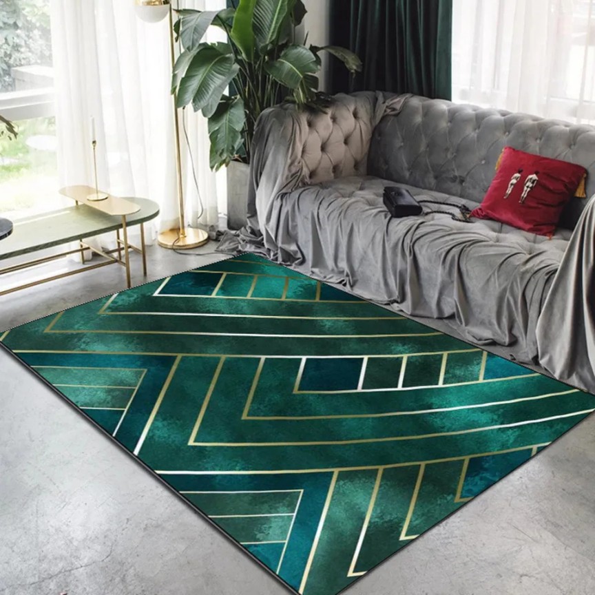 Nordic Luxury Dark Green Gold Line Carpet Living Room Modern Room Decor  Area Rug For Bedroom Kitchen Mat Anti Slip Carpet