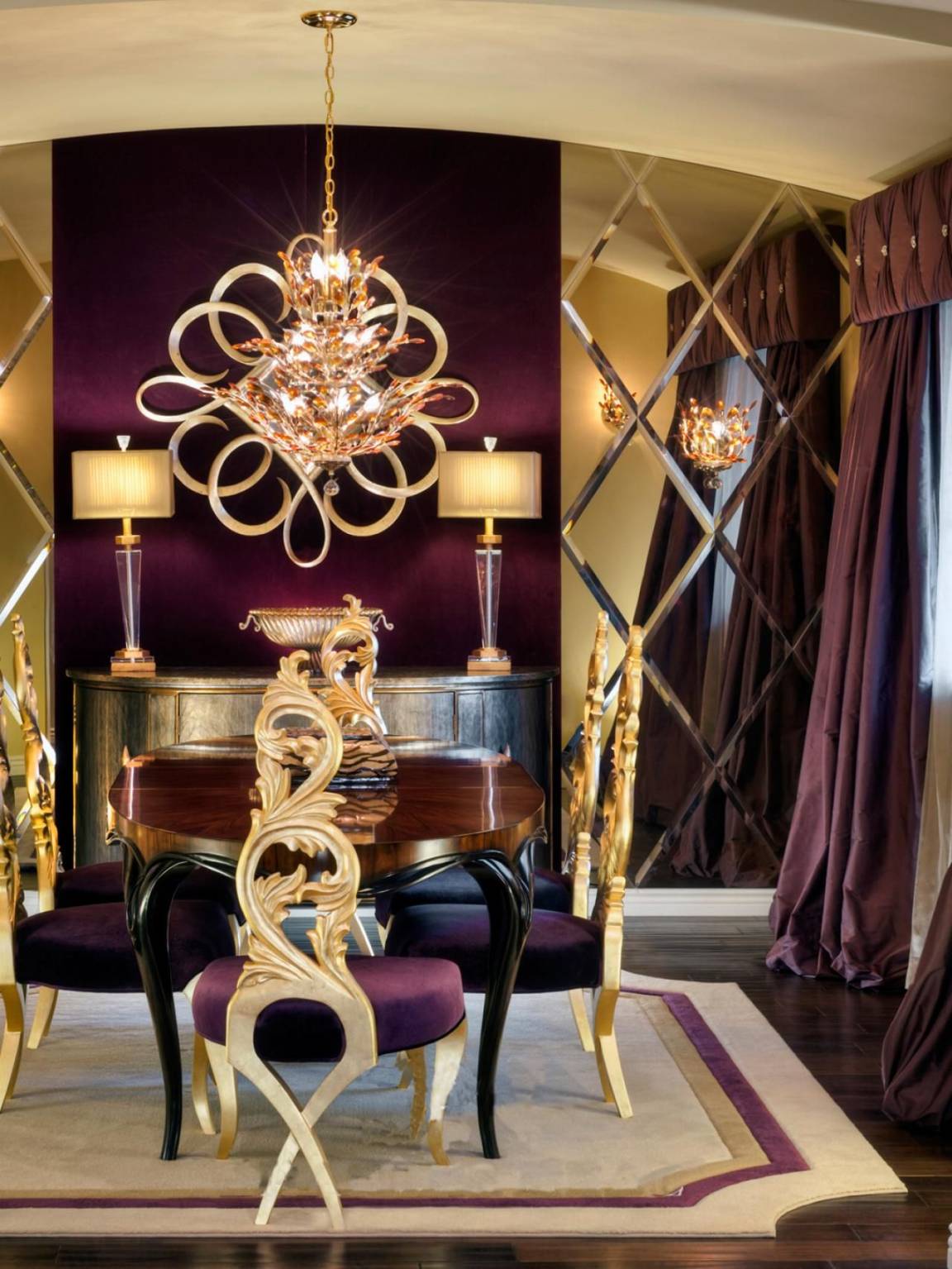 Purple and Gold Dining Room With Mirrored Wall  Purple dining