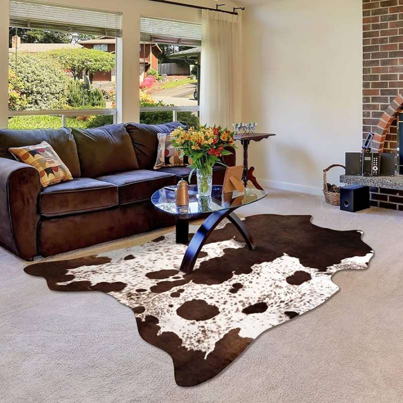Quenlife Faux Cowhide Rug Cute Cow Print Rug for Bedroom Non-Slip Cow Hide  Rug for Living Room Faux Fur Animal Rug for Western Theme Room Decor White