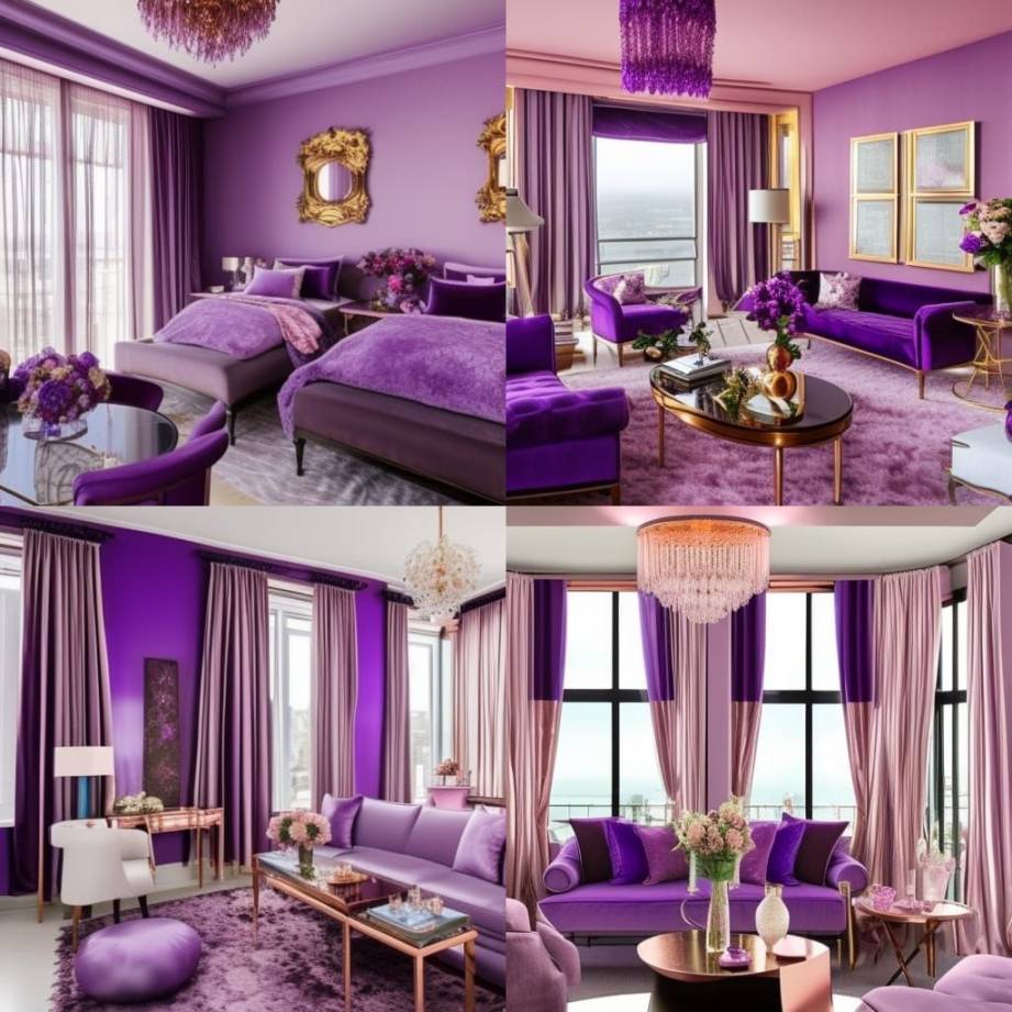 romantic penthouse with purple walls with Rose gold accents& rose
