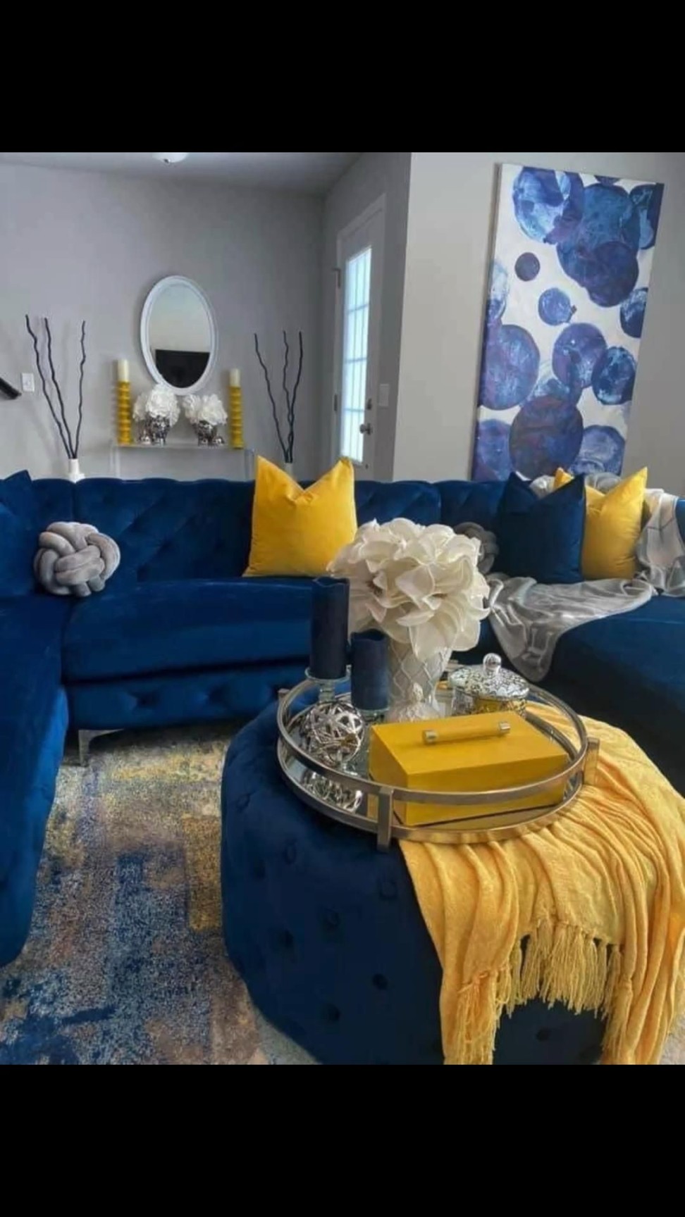 Royal blue and yellow living room  Blue furniture living room