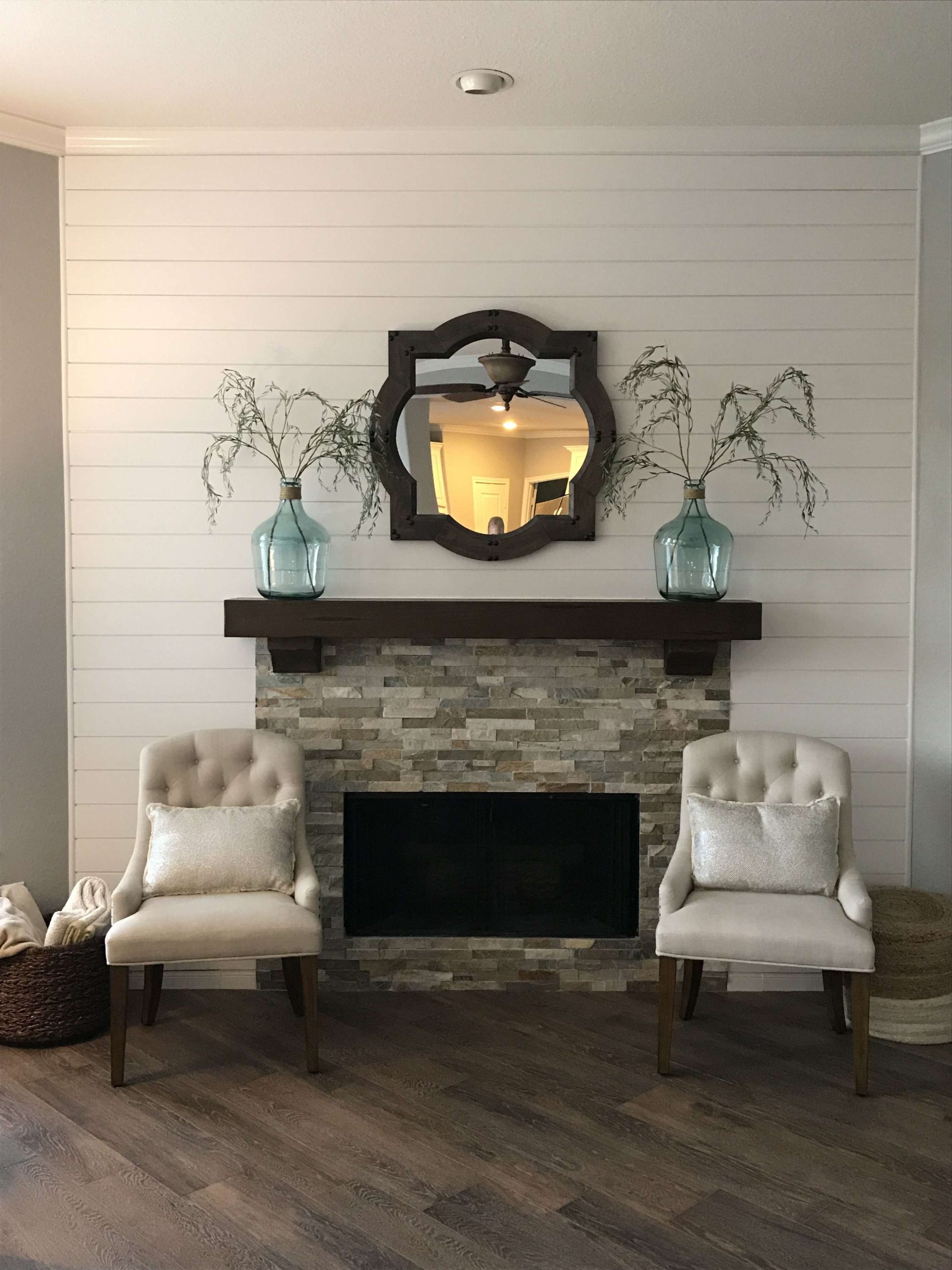 Shiplap and stacked stone fireplace  Home fireplace, Living room