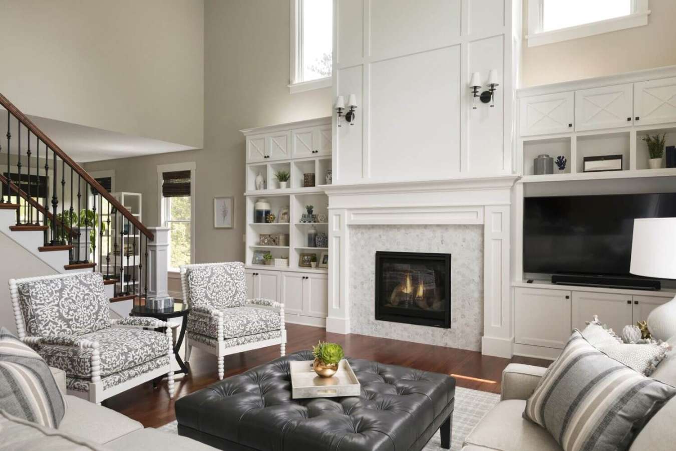 story fireplace wall design  Tall ceiling living room, Built in