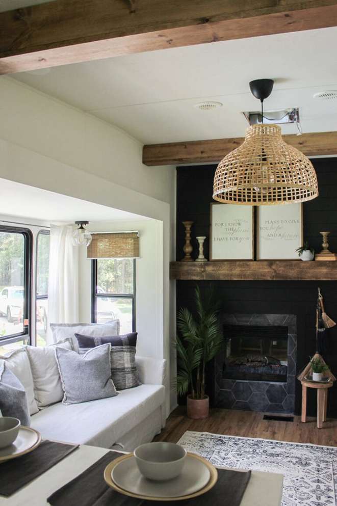 This remodeled RV has the coziest fireplace  Ikea living room