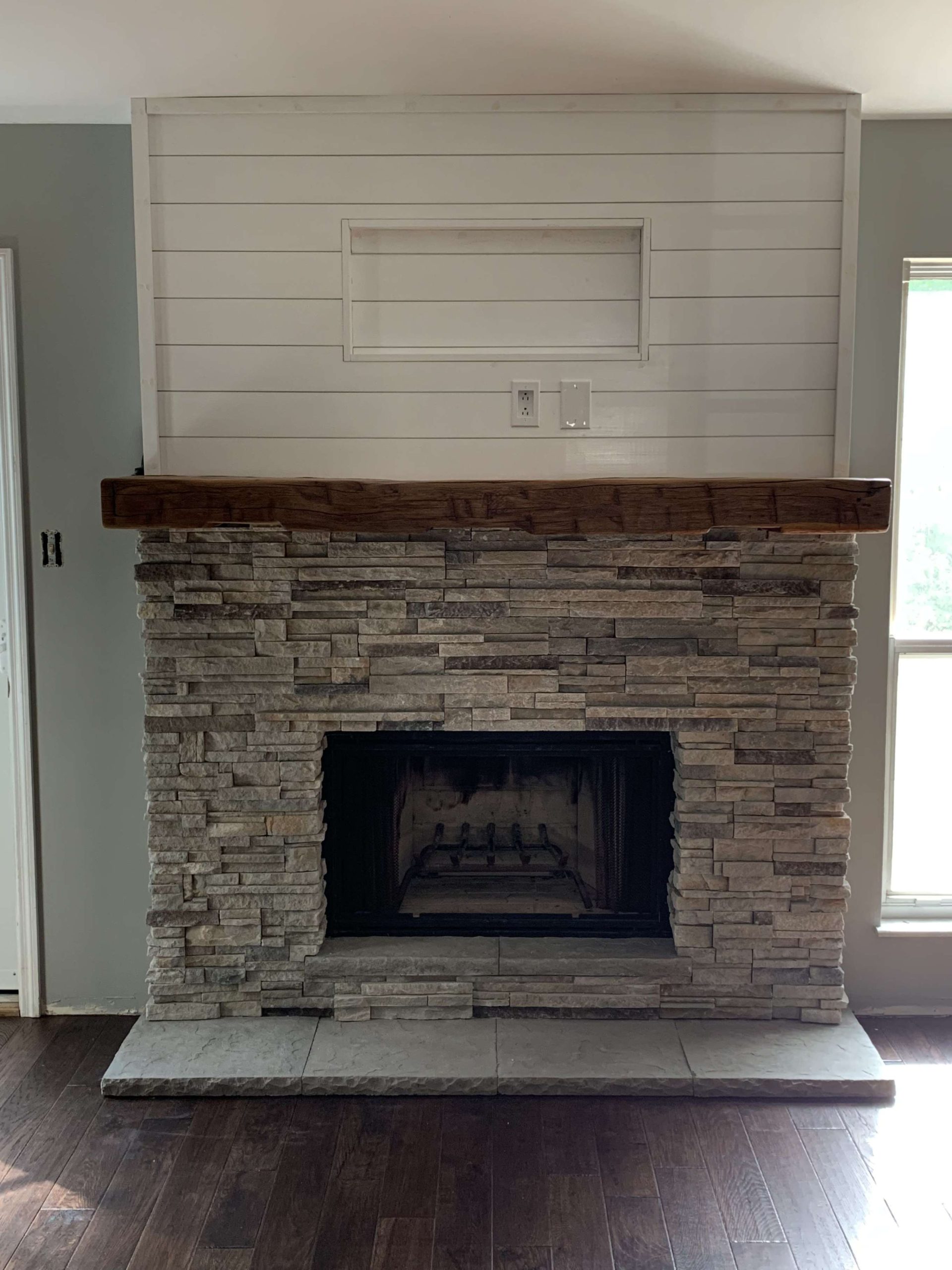 Updated fireplace  Shiplap fireplace, Freestanding fireplace