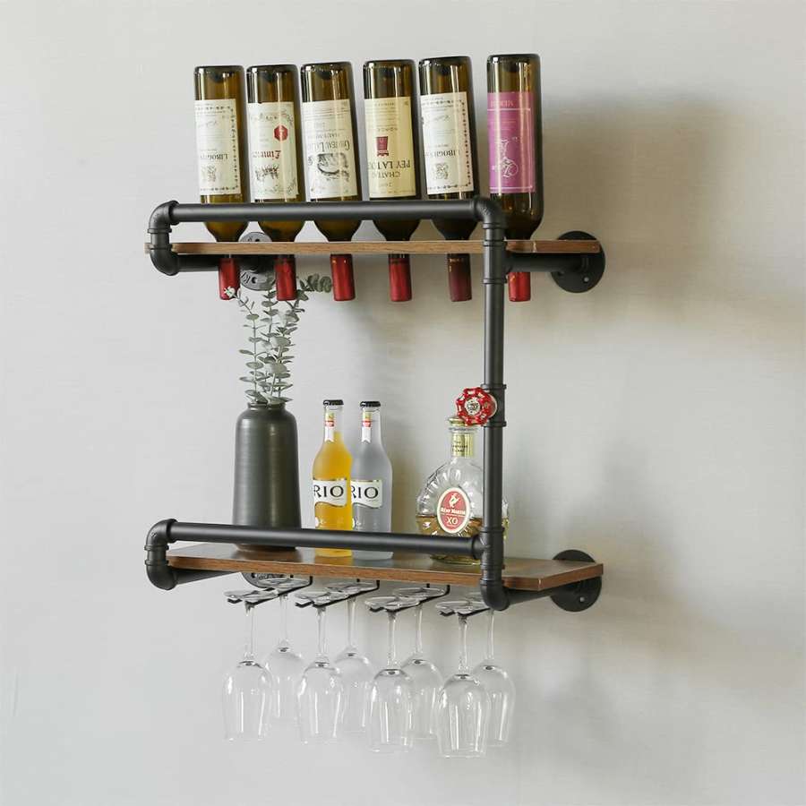 Wall Mounted Wine Rack  Tier Industrial Hanging Floating " Small Bar  Liquor Shelves with  Stem Glass Brackets Rustic Pipe Farmhouse Kitchen  Decor