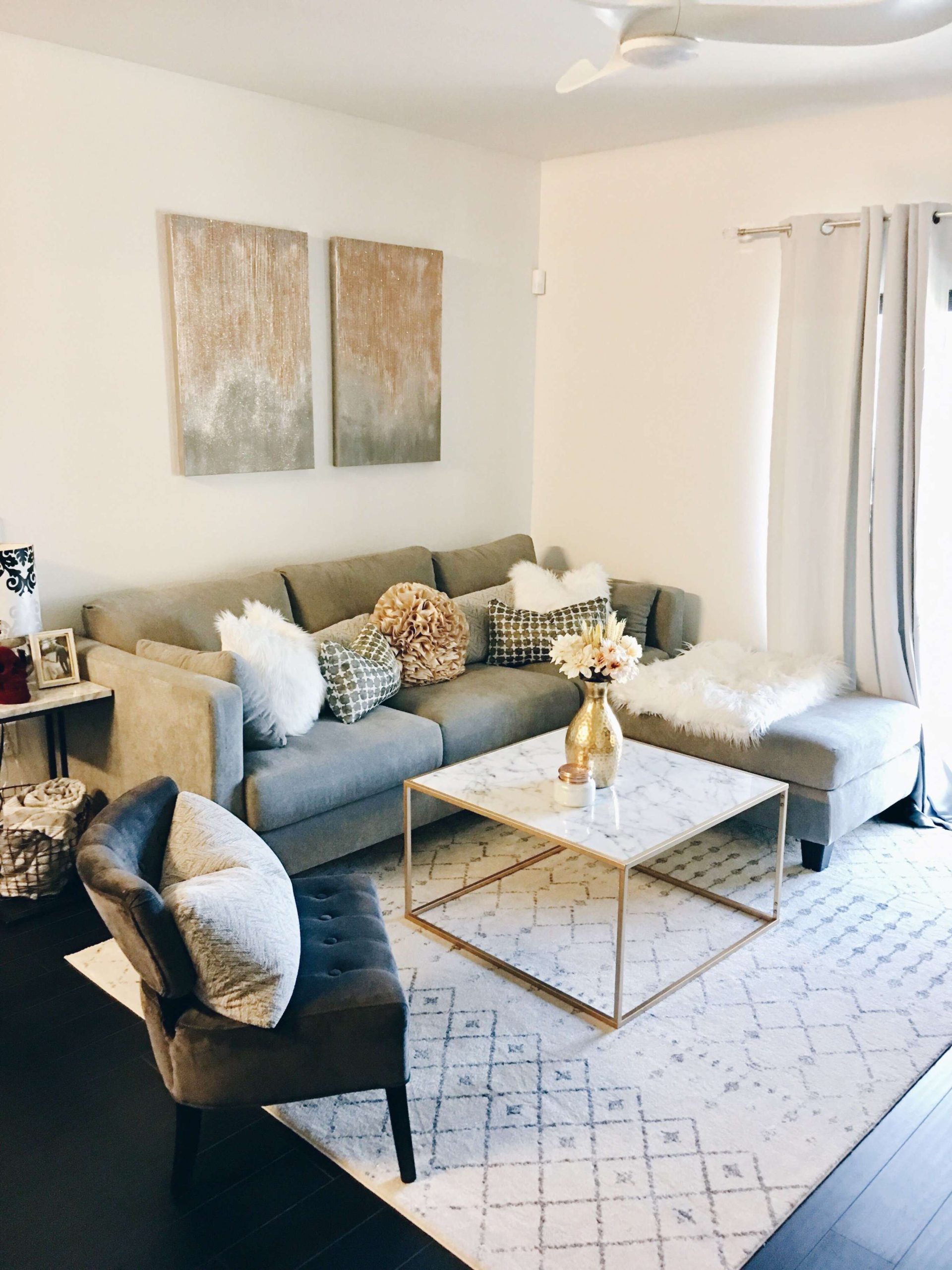 White grey and gold Apartment living room  Gold living room decor