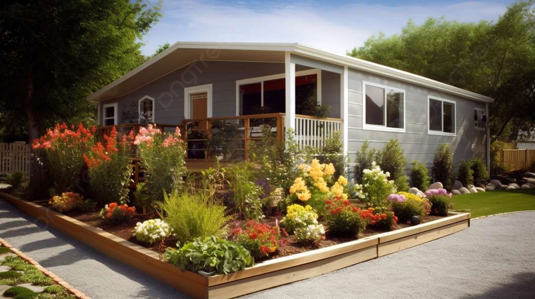 Backyard With Flowerbeds Around A Mobile Home Background