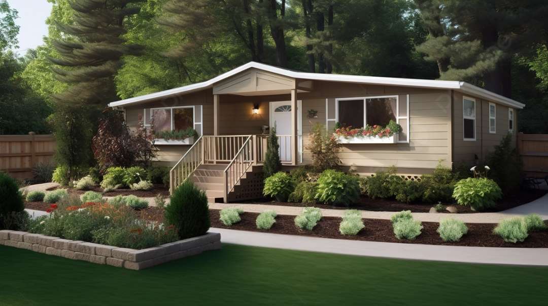 The Front View Of A Mobile Home With A Walkway Background